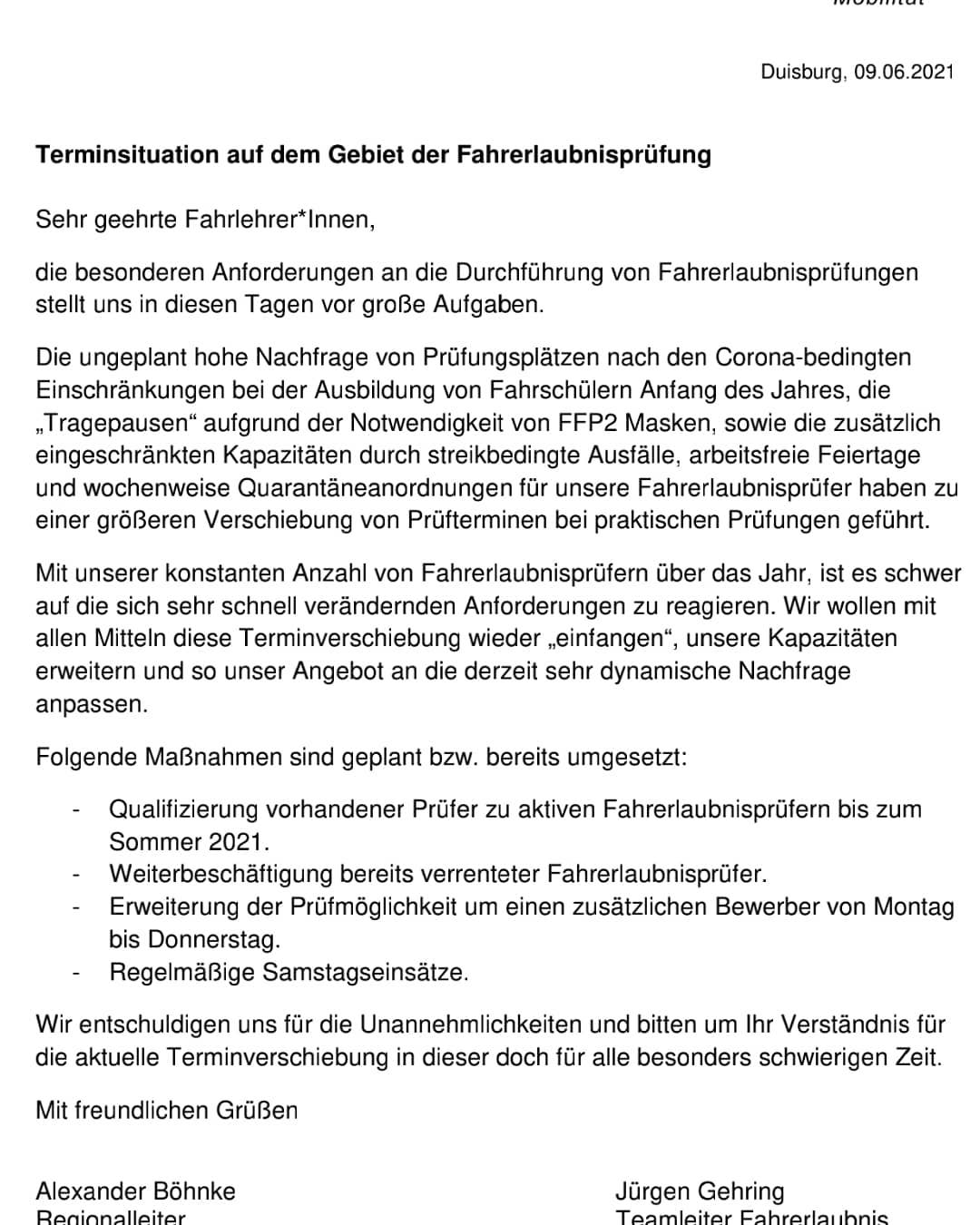 16.06.2021: Information vom TüV zur aktuellen Situation ! 16.06.2021: Information vom TüV zur aktuellen Situation !