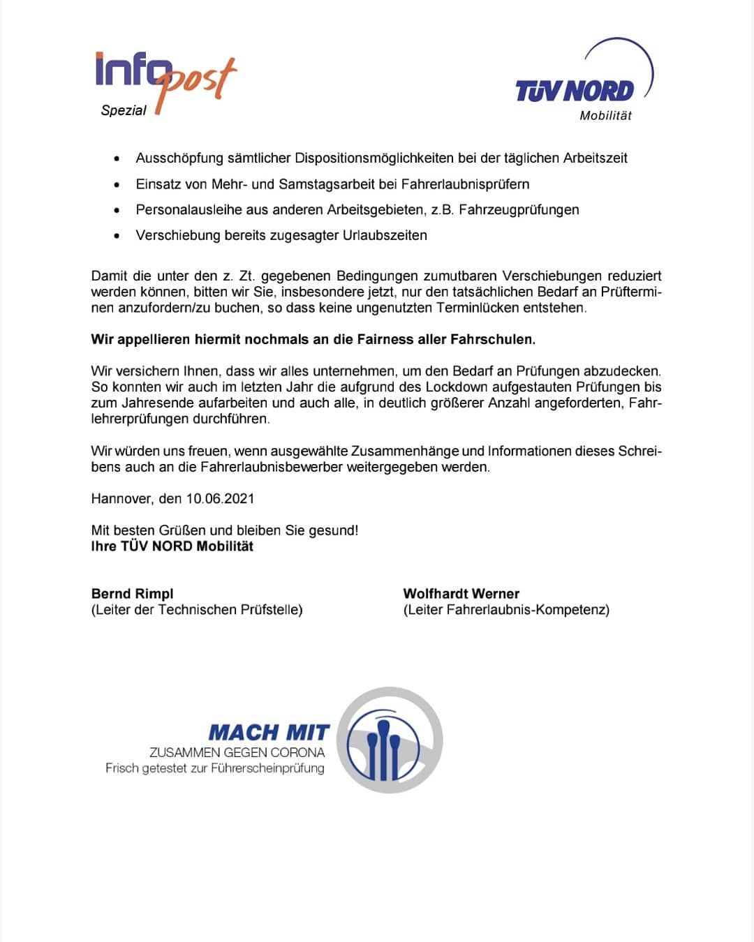 16.06.2021: Information vom TüV zur aktuellen Situation ! 16.06.2021: Information vom TüV zur aktuellen Situation !