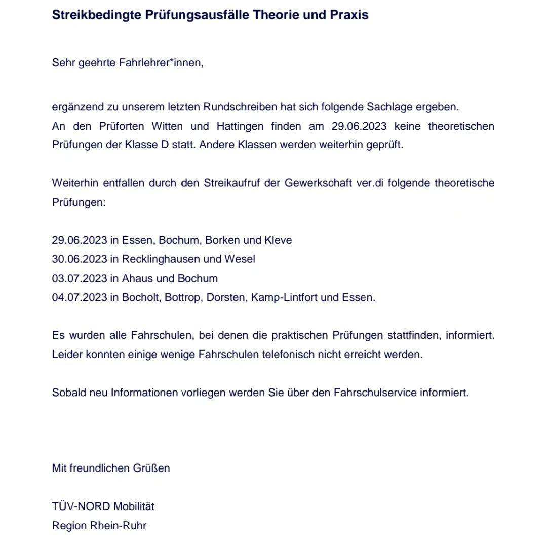 Information des TüV-Nord zu "streikbedingten Prüfungsausfälle" 29.06.2023: Hinweise des TüV Nord wegen streikbedingter Prüfungsausfälle