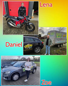 24.11.2023: Bunter Hintergrund, mit Bildern der Prüflinge, Motorrad, Anhänger und PKW-Führerschein