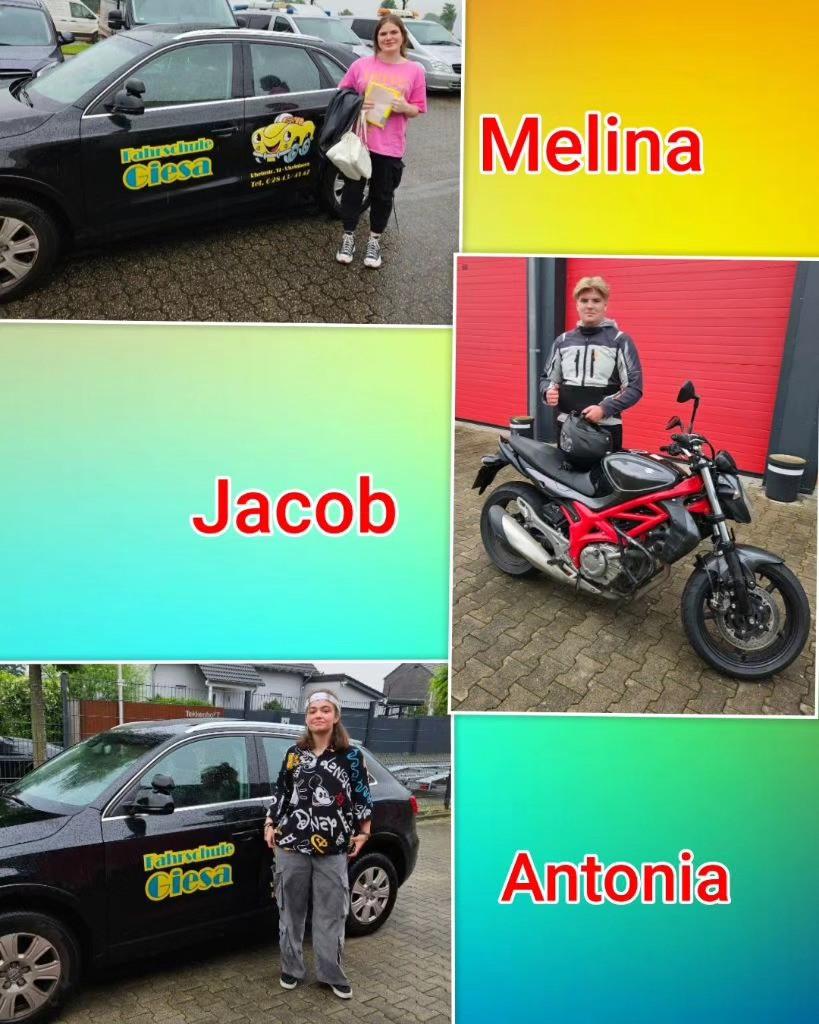 24.05.2024: Unsere neuen Führerscheininhaber vom Niederrhein Bunter Hintergrund, mit Bildern der Prüflinge nach der Führerscheinprüfung