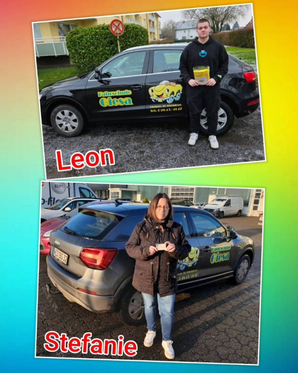 Bunter Hintergrund, mit Bild der Auto-Prüflinge nach der Führerscheinübergabe