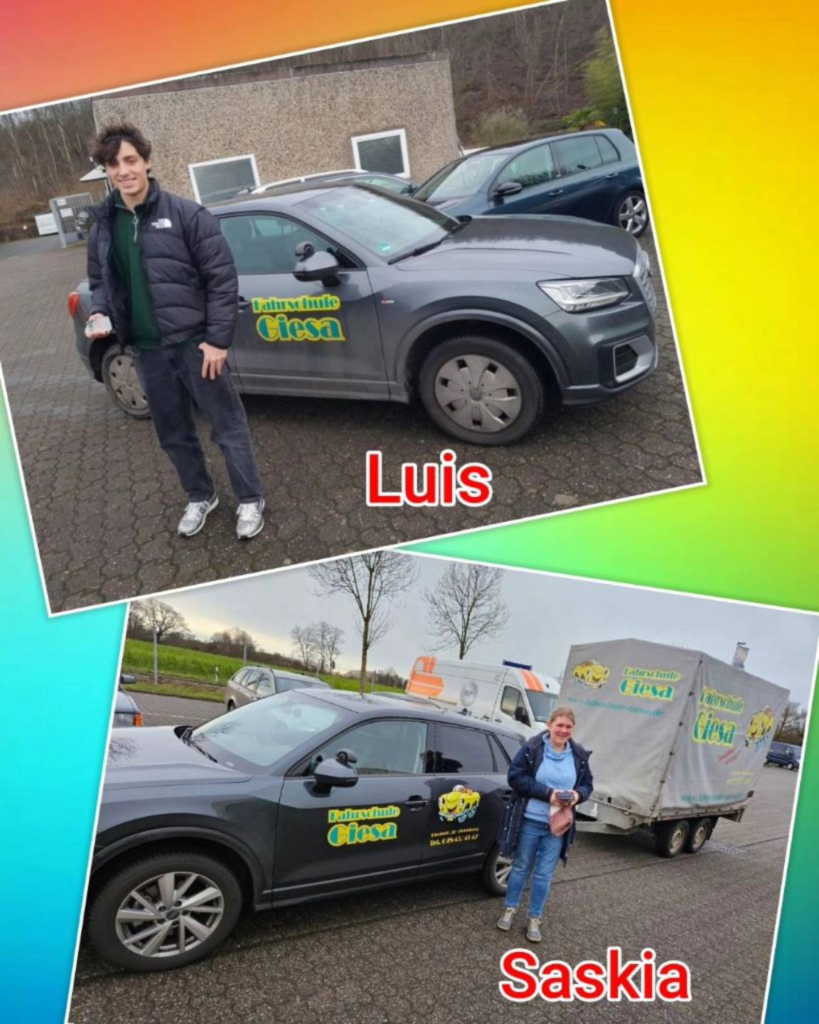 25.01.2025: Unsere neuen Führerscheininhaber vom Niederrhein Bunter Hintergrund, mit Bild der Auto-Prüflinge nach der Führerscheinübergabe