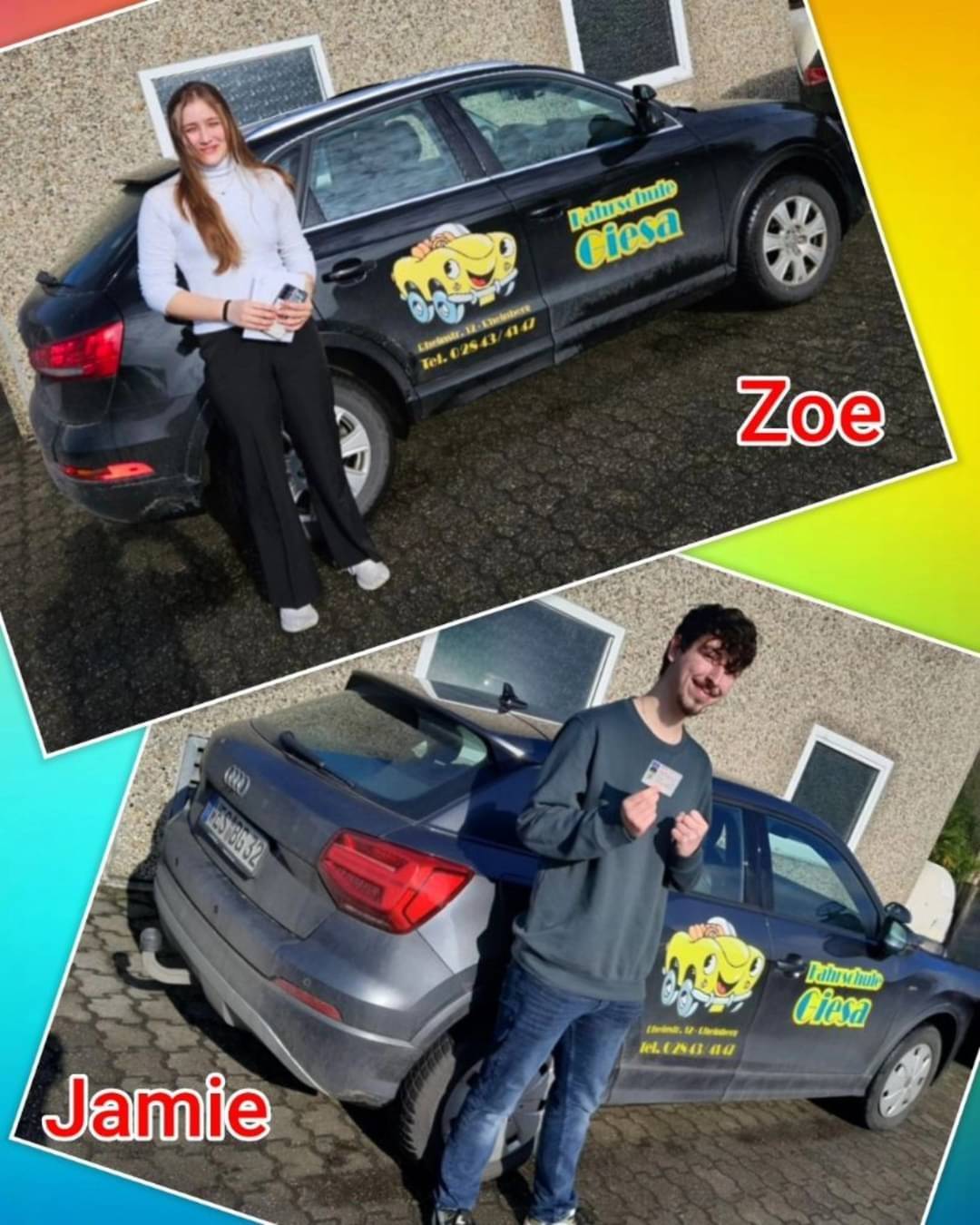 Bunter Hintergrund, mit Bild der Auto-Prüflinge nach der Führerscheinübergabe