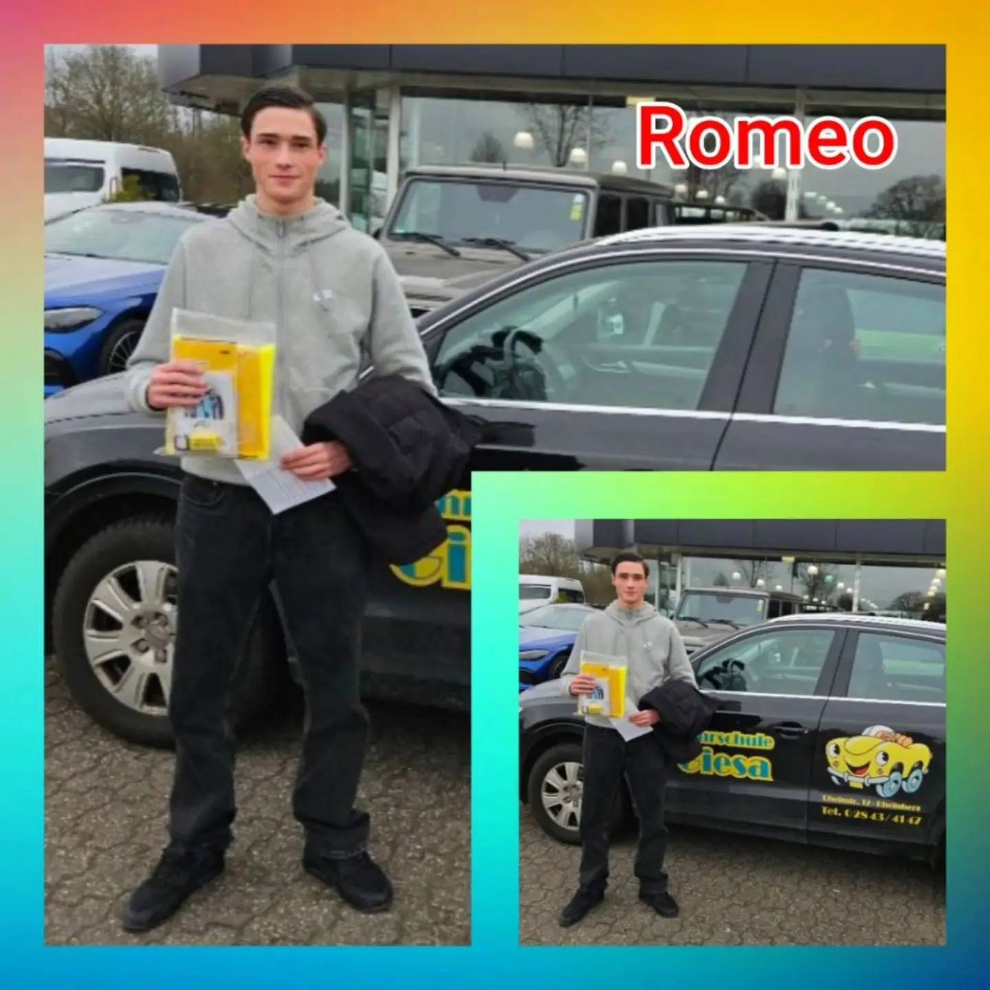 Bunter Hintergrund, mit Bild der Auto-Prüflinge nach der Führerscheinübergabe