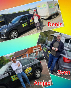 Bunter Hintergrund, mit Bild der Auto-Prüflinge nach der Führerscheinübergabe