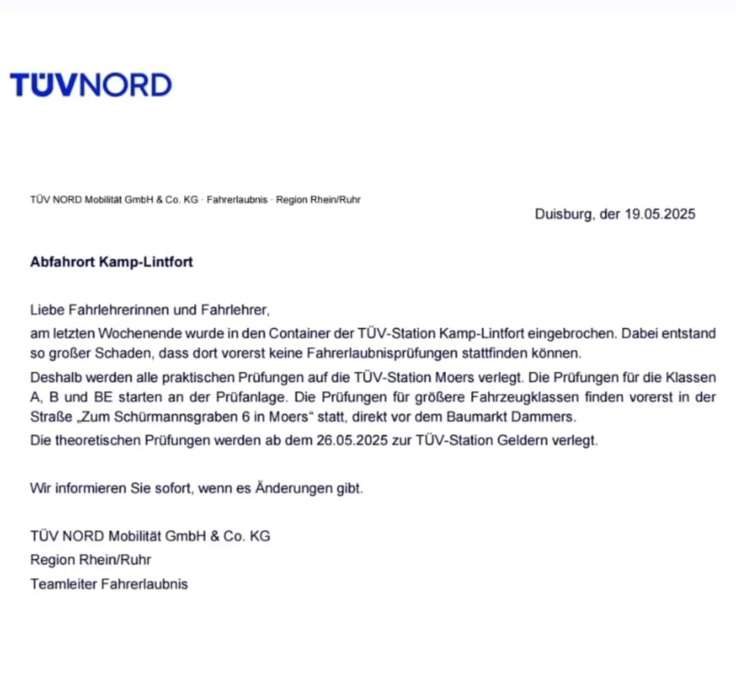 Screenshot vom Anschreiben des TüV Nord zu Änderungen der Prüfungsörtlichkeiten