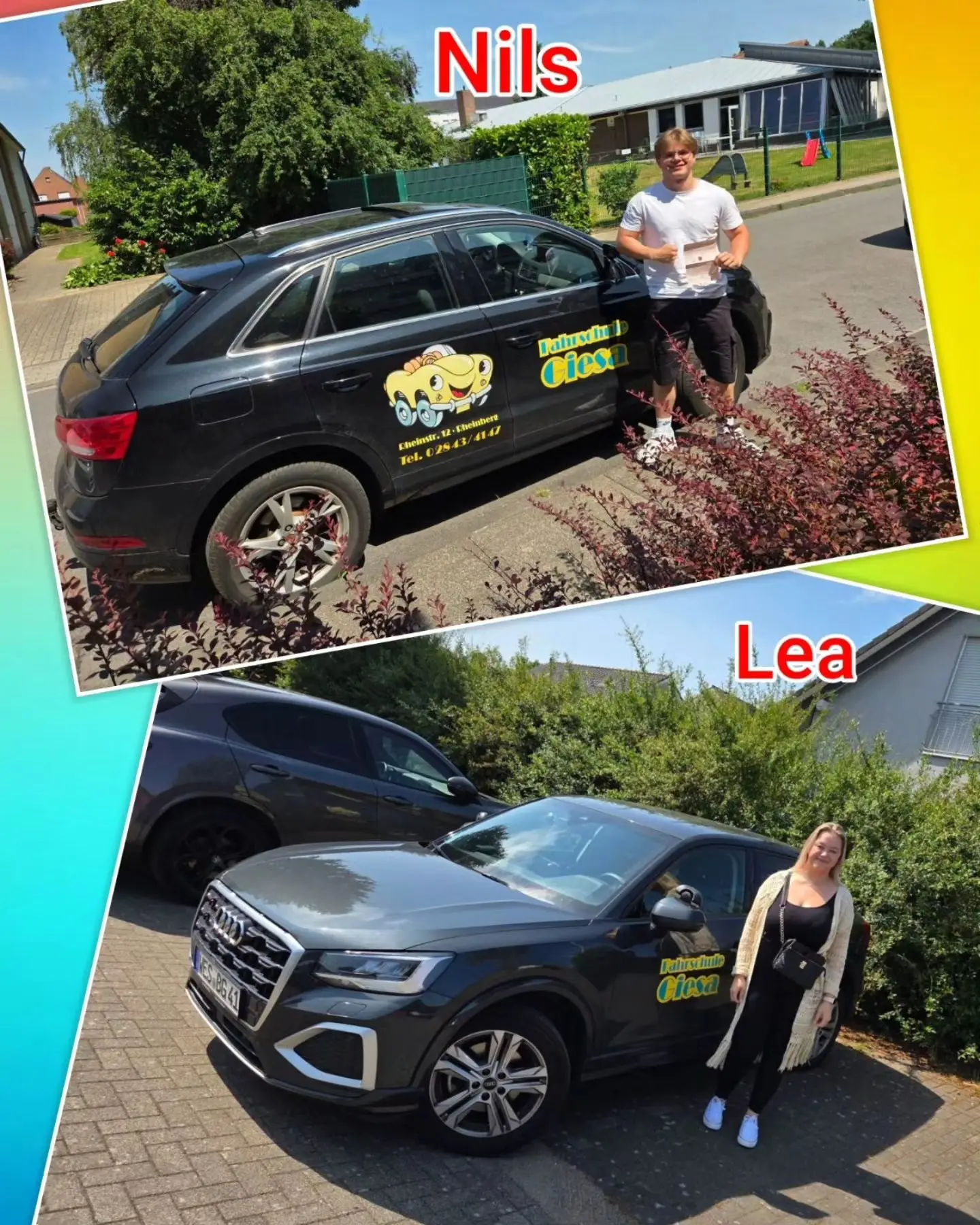 Bunter Hintergrund, mit Bild der Auto-Prüflinge nach der Führerscheinübergabe