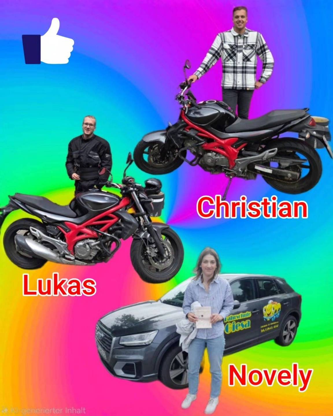 30.06.2025: Unsere neuen Führerscheininhaber vom Niederrhein Bunter Hintergrund, mit Bild der Zweirad und Auto-Prüflinge nach der Führerscheinübergabe