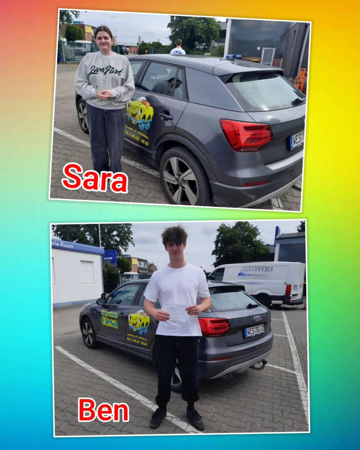 09.07.2025: Unsere neuen Führerscheininhaber vom Niederrhein Bunter Hintergrund, mit Bild der Zweirad und Auto-Prüflinge nach der Führerscheinübergabe