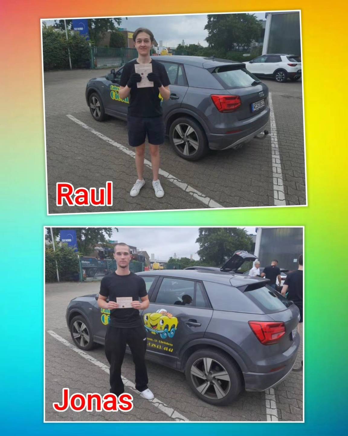 Bunter Hintergrund, mit Bild der Zweirad und Auto-Prüflinge nach der Führerscheinübergabe