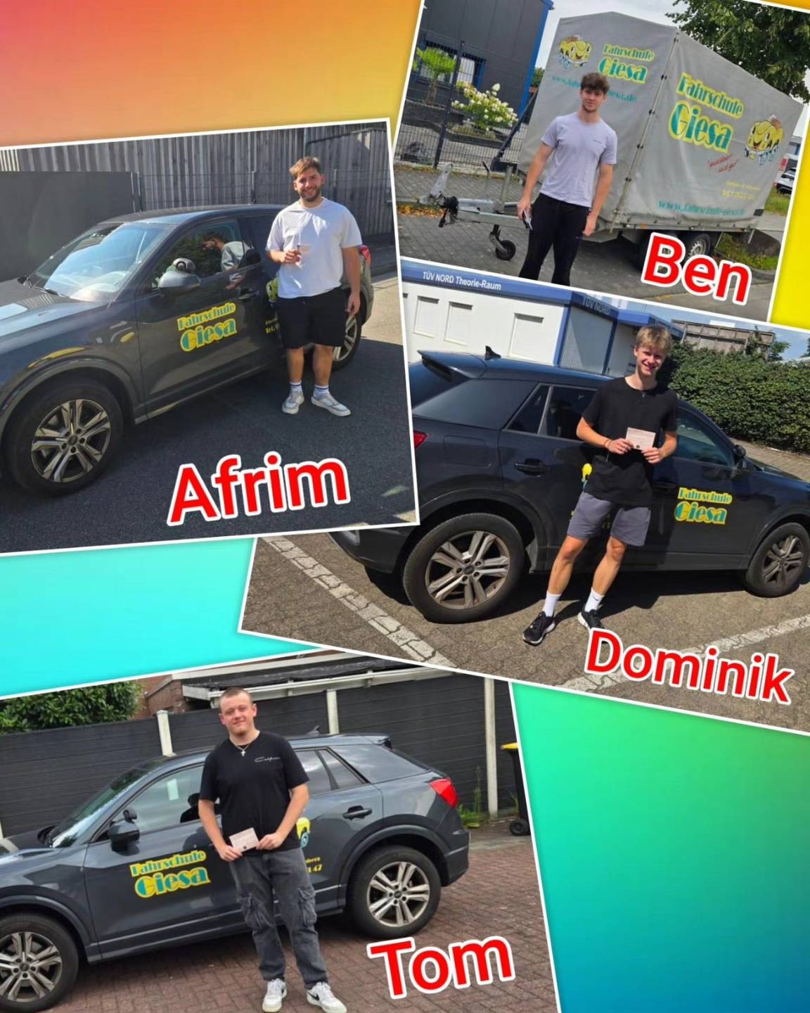 Bunter Hintergrund, mit Bild der Zweirad und Auto-Prüflinge nach der Führerscheinübergabe