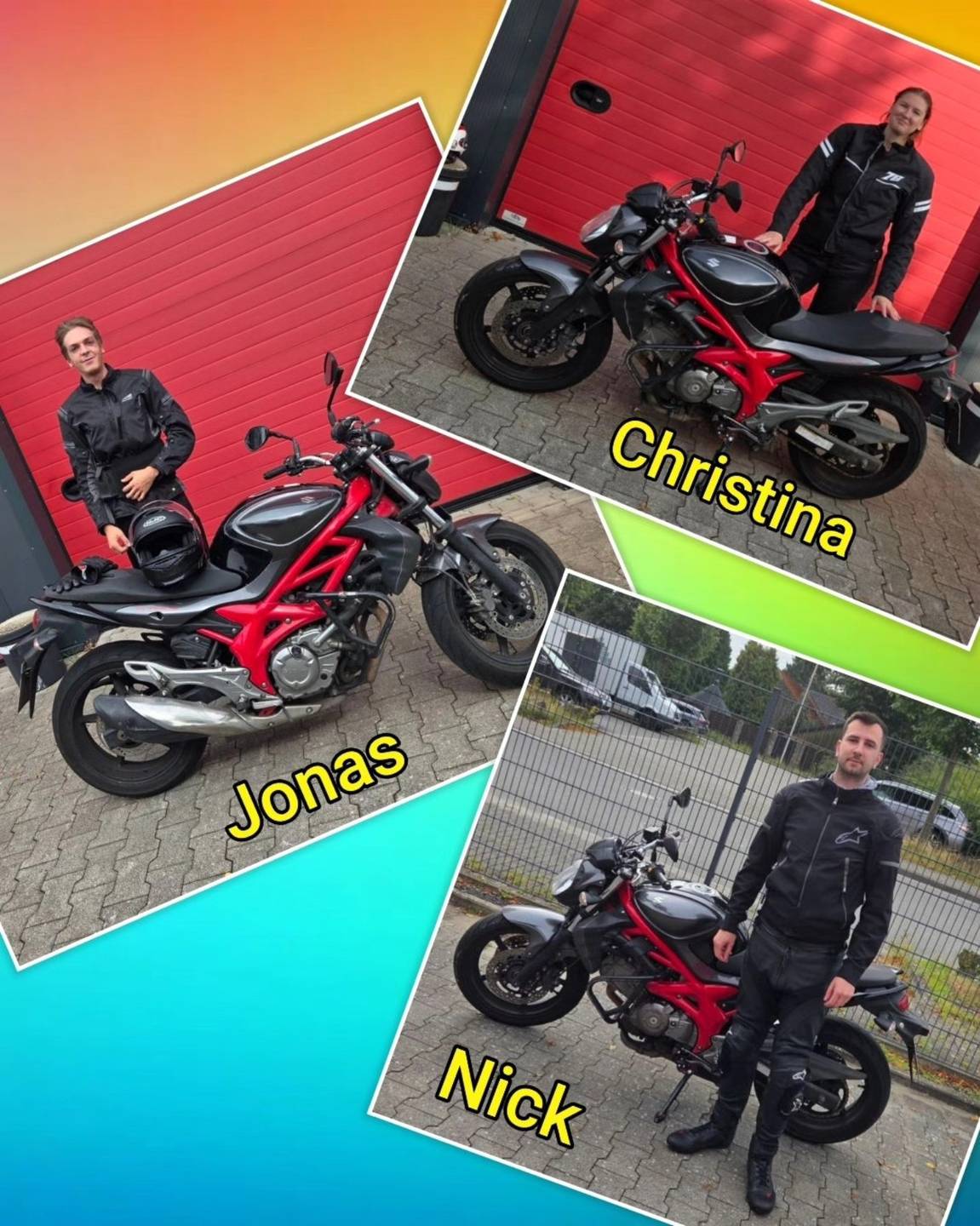 10.08.2025: Unsere neuen Führerscheininhaber vom Niederrhein Bunter Hintergrund, mit Bild der Zweirad und Auto-Prüflinge nach der Führerscheinübergabe