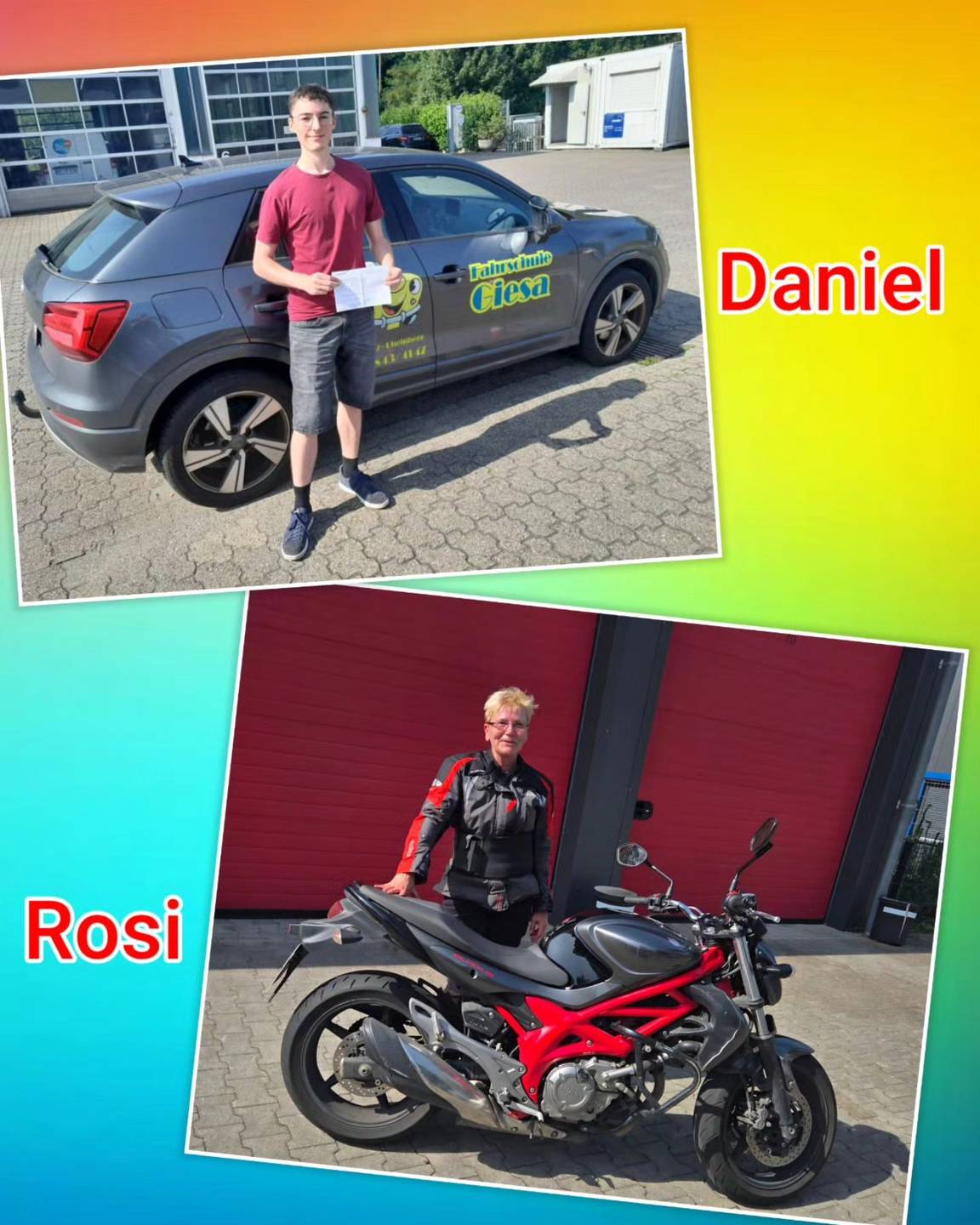 12.08.2025: Unsere neuen Führerscheininhaber vom Niederrhein Bunter Hintergrund, mit Bild der Zweirad und Auto-Prüflinge nach der Führerscheinübergabe