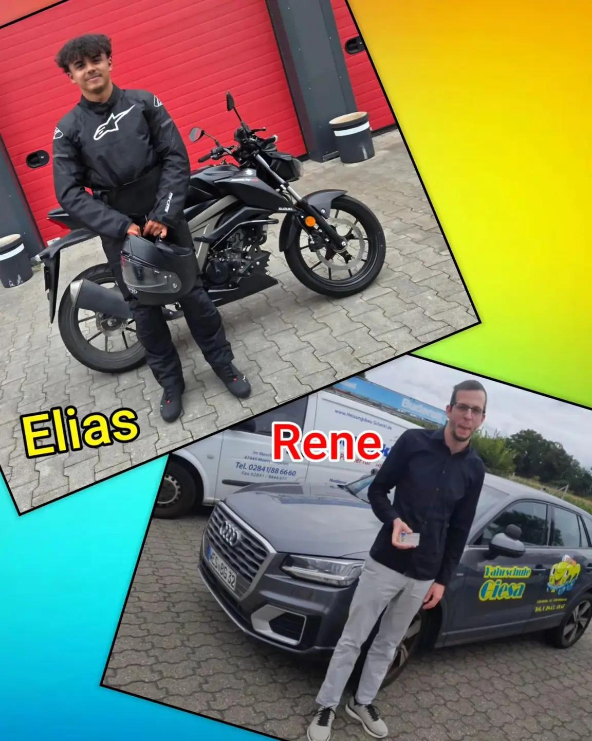 22.08.2025: Unsere neuen Führerscheininhaber vom Niederrhein Bunter Hintergrund, mit Bild der Zweirad und Auto-Prüflinge nach der Führerscheinübergabe