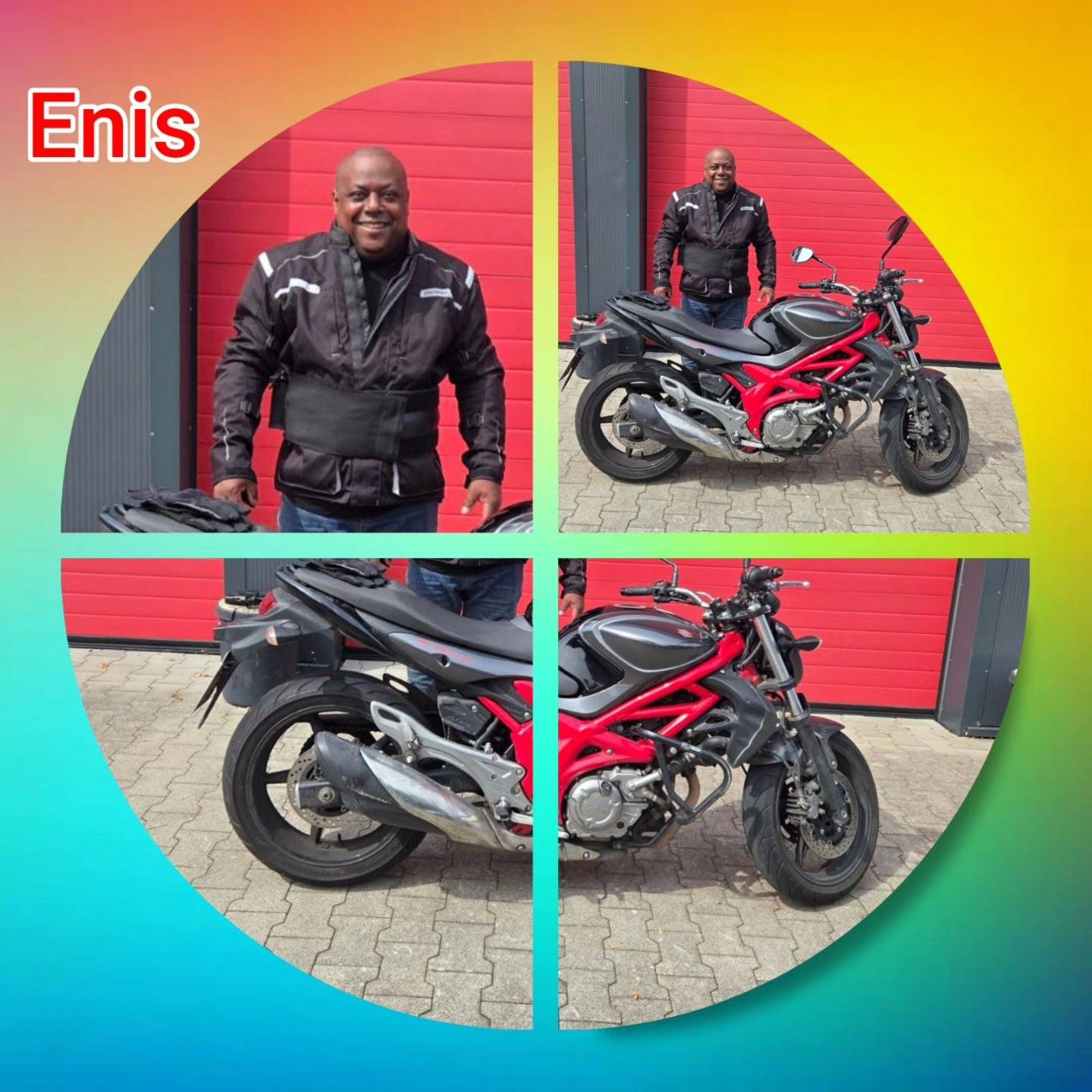 27.08.2025: Unsere neuen Führerscheininhaber vom Niederrhein Bunter Hintergrund, mit Bild der Zweirad und Auto-Prüflinge nach der Führerscheinübergabe