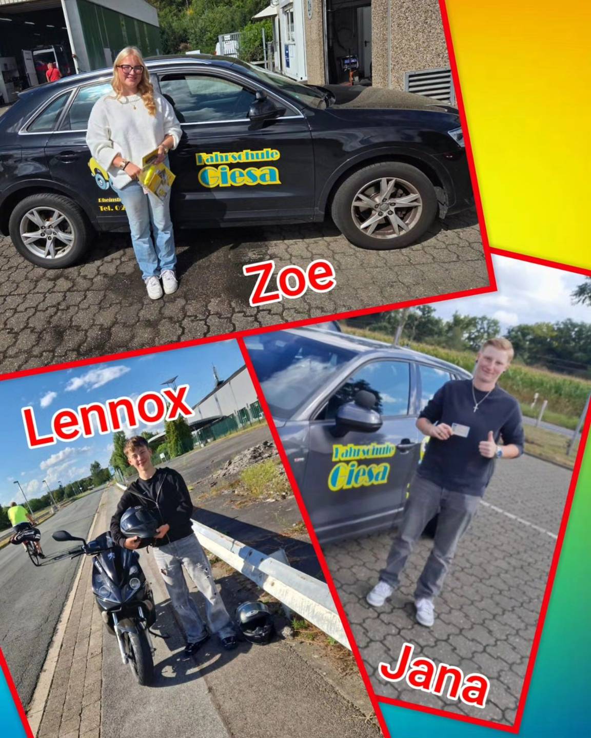 08.09.2025: Unsere neuen Führerscheininhaber vom Niederrhein Bunter Hintergrund, mit Bild der Zweirad und Auto-Prüflinge nach der Führerscheinübergabe