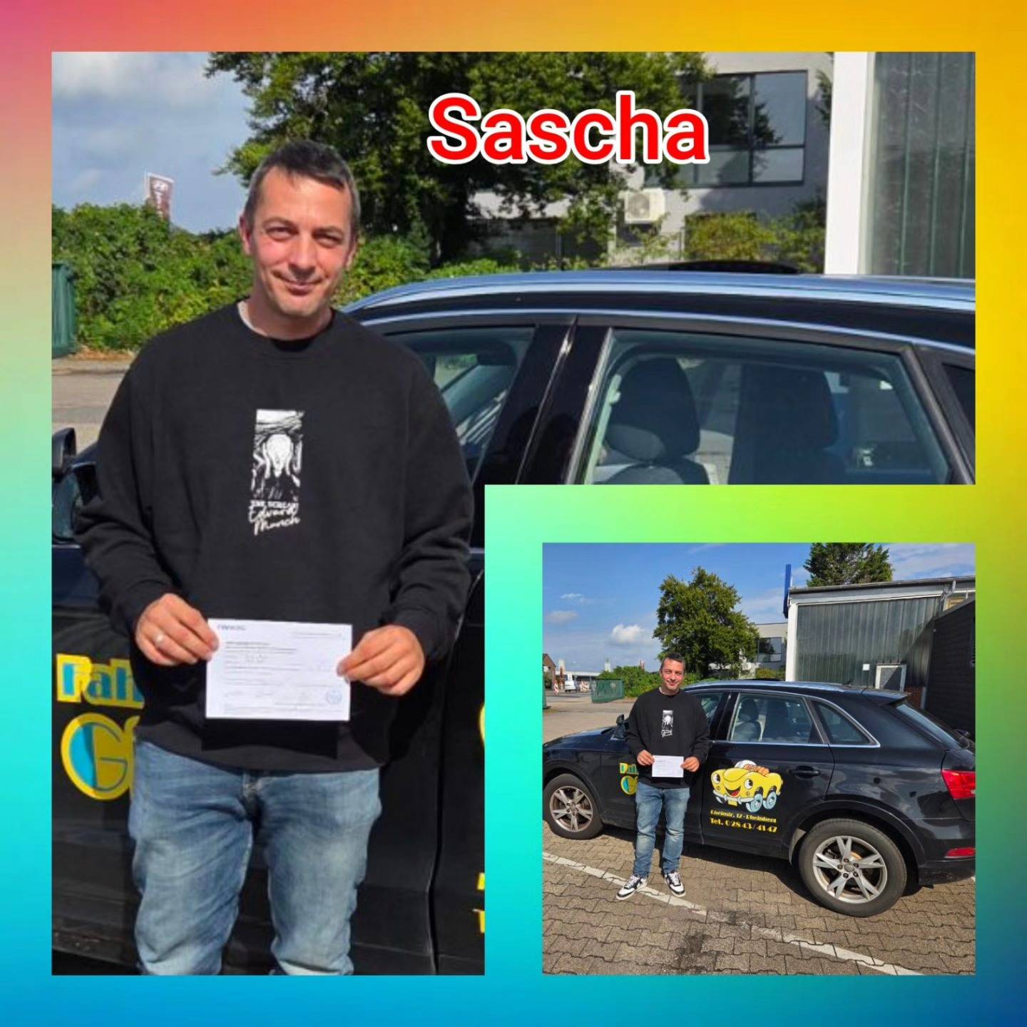 14.09.2025: Unsere neuen Führerscheininhaber vom Niederrhein Bunter Hintergrund, mit Bild der Zweirad und Auto-Prüflinge nach der Führerscheinübergabe