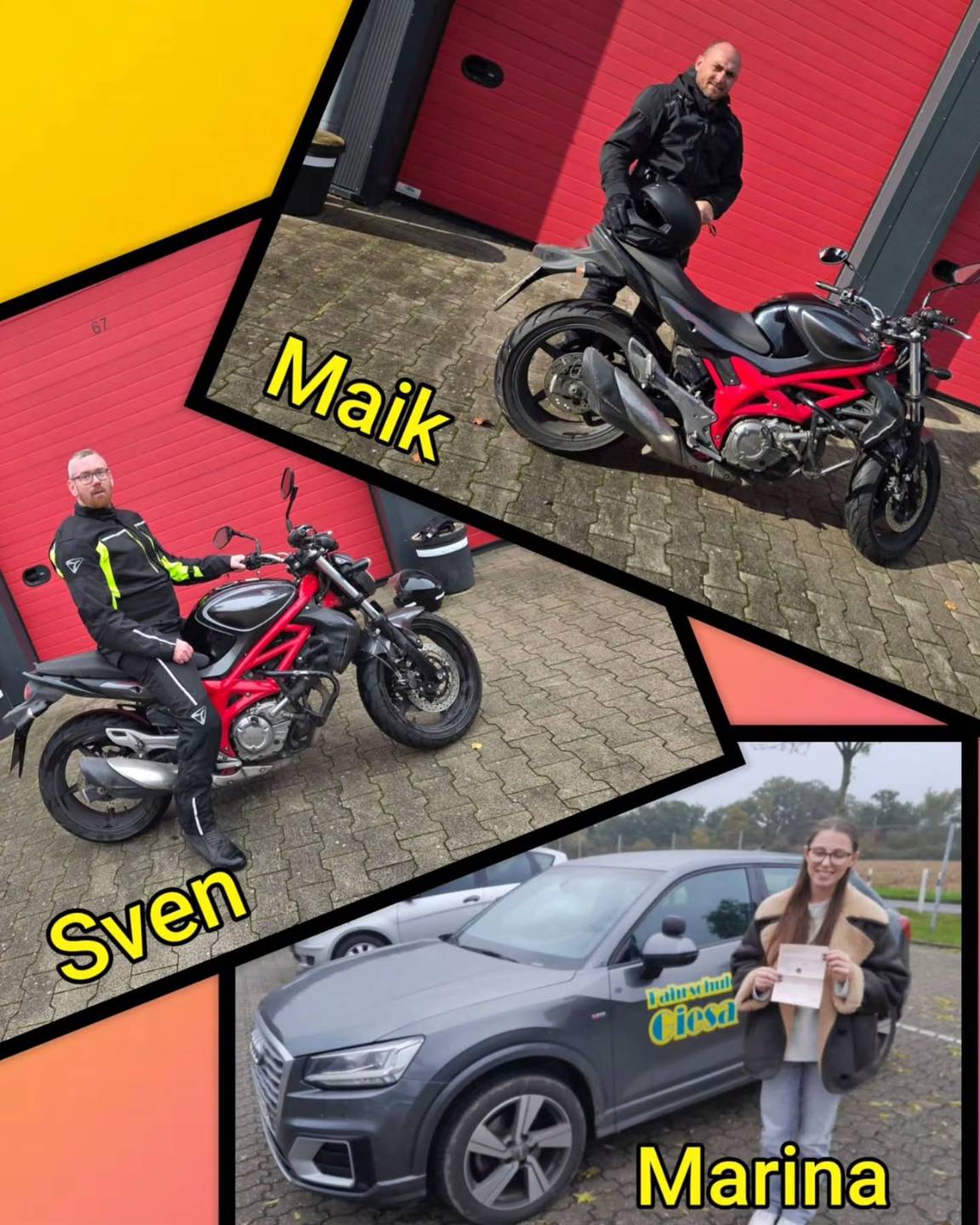 21.10.2025: Unsere neuen Führerscheininhaber vom Niederrhein Bunter Hintergrund, mit Bild der Zweirad und Auto-Prüflinge nach der Führerscheinübergabe