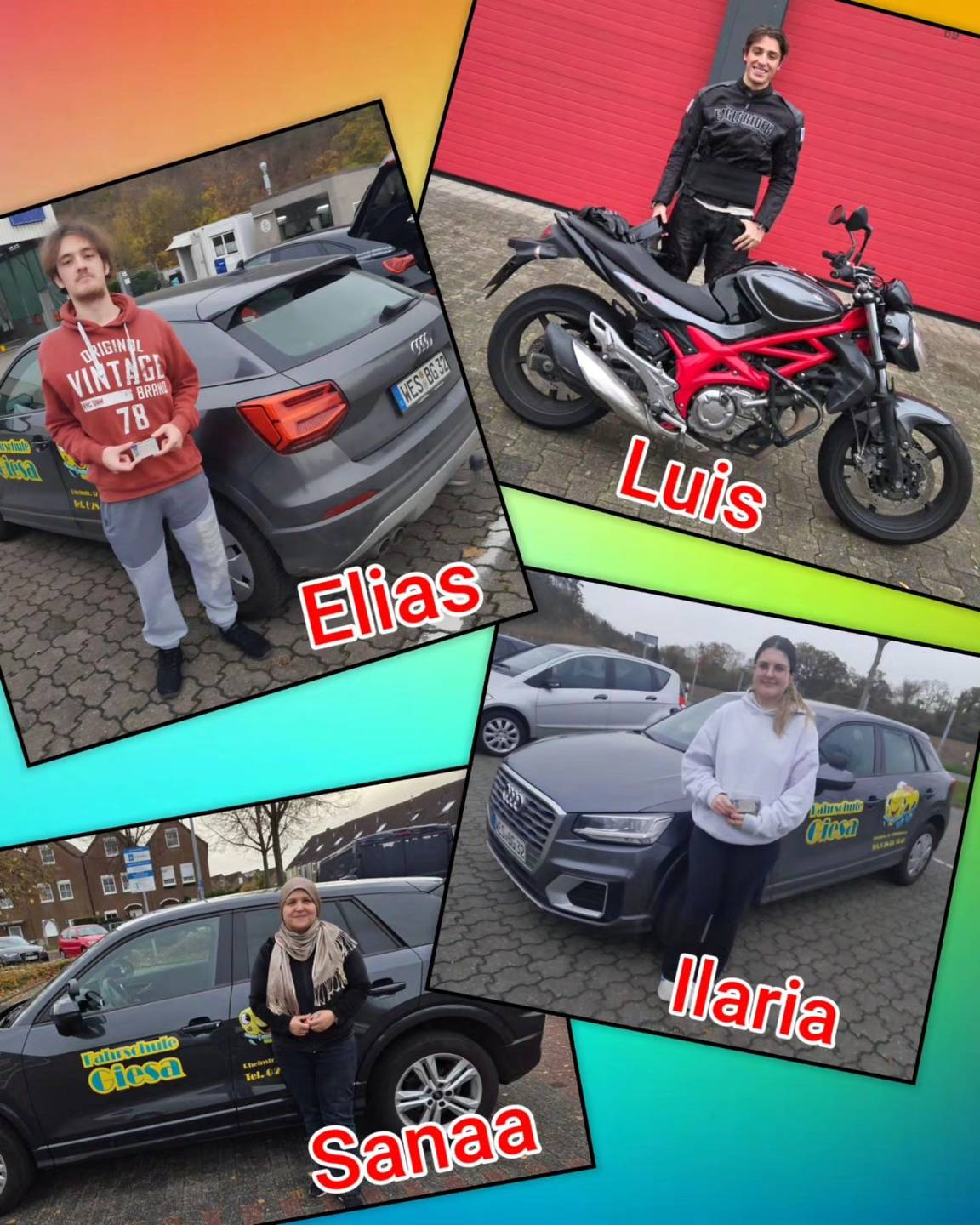 14.11.2025: Unsere neuen Führerscheininhaber vom Niederrhein Bunter Hintergrund, mit Bild der Zweirad und Auto-Prüflinge nach der Führerscheinübergabe