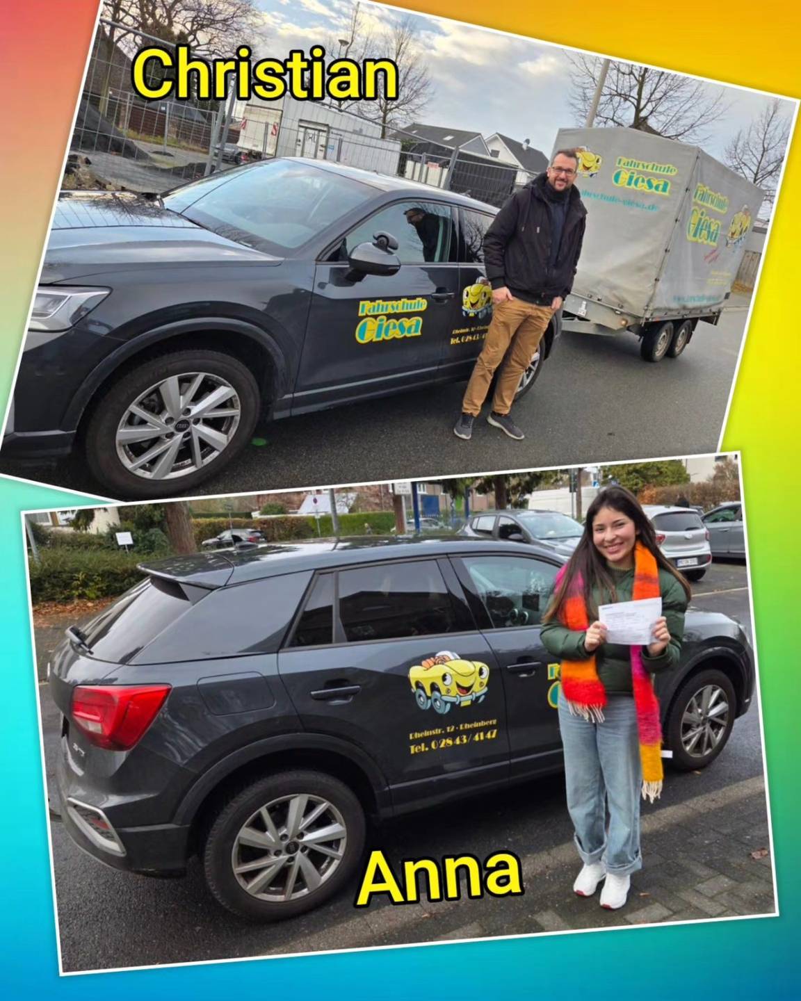 26.11.2025: Unsere neuen Führerscheininhaber vom Niederrhein Bunter Hintergrund, mit Bild der Zweirad und Auto-Prüflinge nach der Führerscheinübergabe