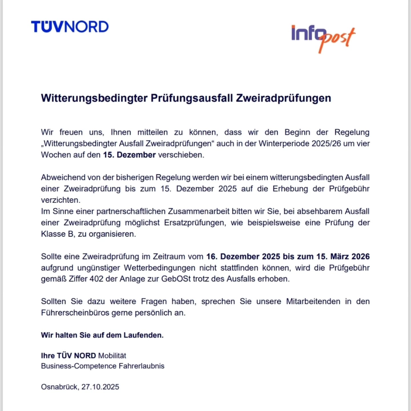 28.11.2025: Regelung für witterungsbedingte Prüfungsausfälle 28.11.2025: Regelung für witterungsbedingte Prüfungsausfälle