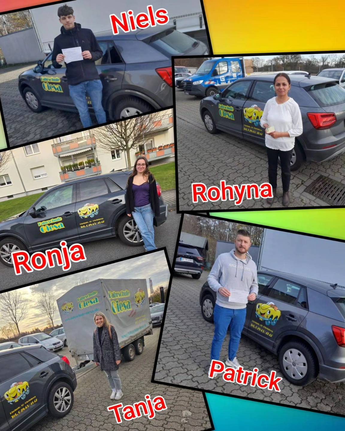 04.12.2025: Unsere neuen Führerscheininhaber vom Niederrhein Bunter Hintergrund, mit Bild der Zweirad und Auto-Prüflinge nach der Führerscheinübergabe