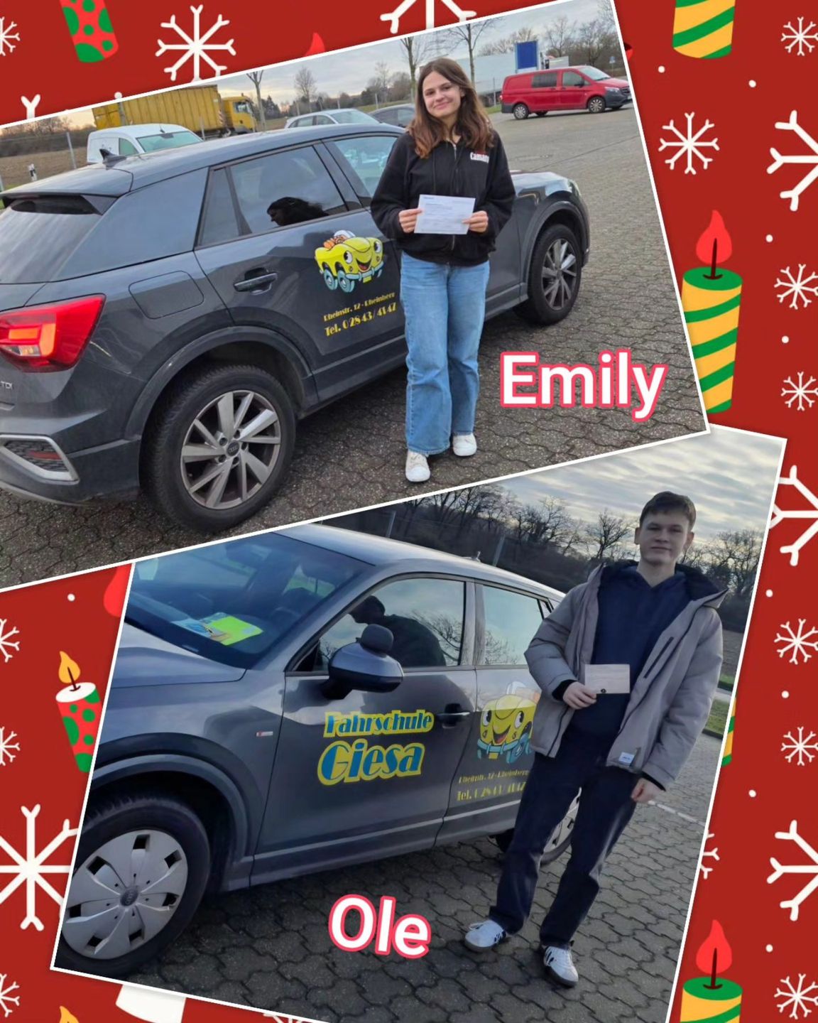19.12.2025: Unsere neuen Führerscheininhaber vom Niederrhein Bunter Hintergrund (Weihnachtsfeeling), mit Bild der Zweirad und Auto-Prüflinge nach der Führerscheinübergabe