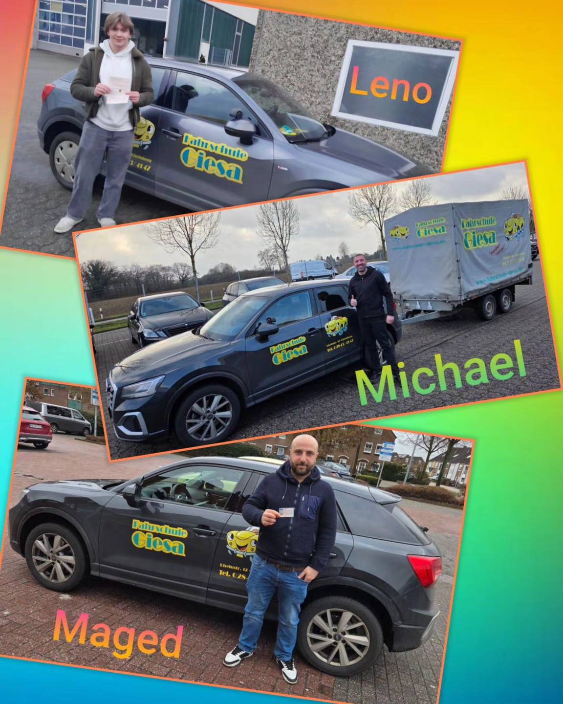 Bunter Hintergrund, mit Bild der Auto- und Anhängeerprüflinge nach der Führerscheinübergabe