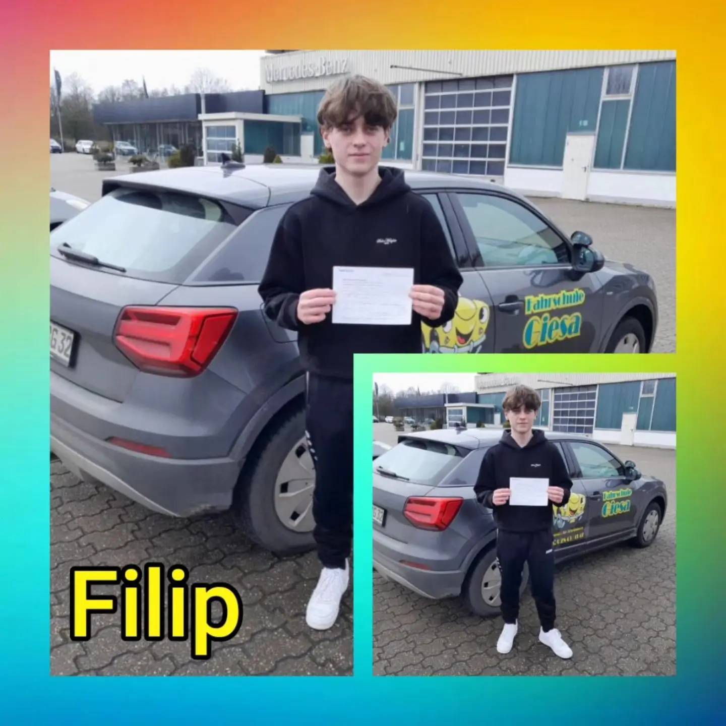 Bunter Hintergrund, mit Bild der Auto- und Anhängeerprüflinge nach der Führerscheinübergabe