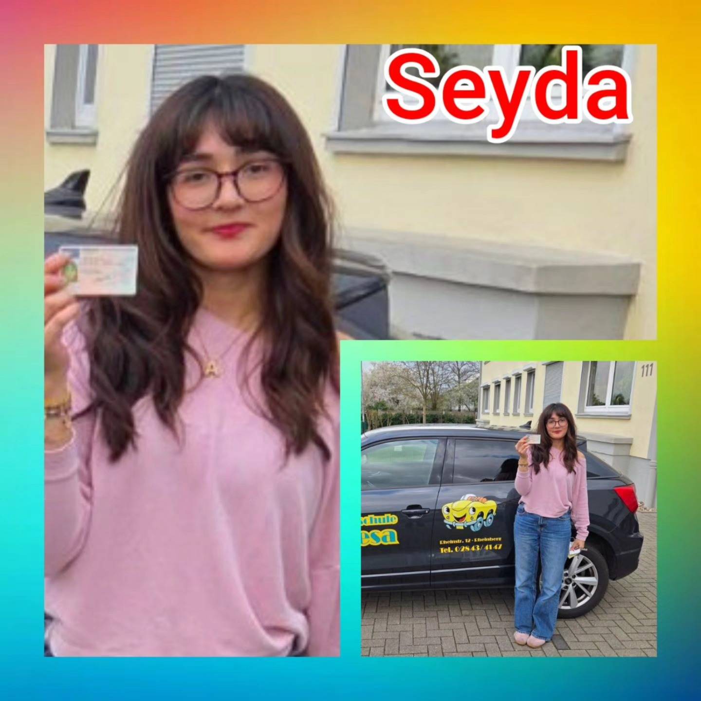 Bunter Hintergrund, mit Bild der Auto- und Anhängeerprüflinge nach der Führerscheinübergabe