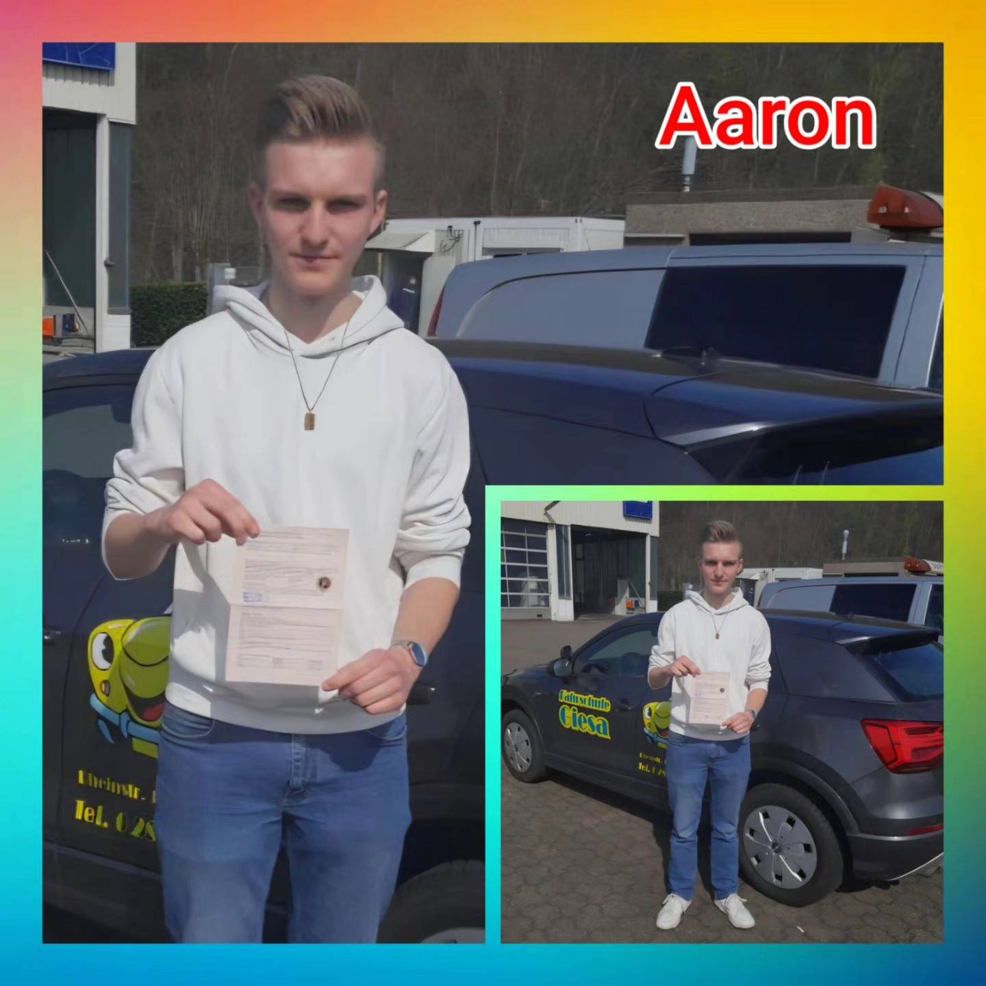 26.03.2026: Unsere neuen Führerscheininhaber vom Niederrhein Bunter Hintergrund, mit Bild der Auto- und Anhängeerprüflinge nach der Führerscheinübergabe